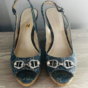 Etienne Aigner Denim Blue Peep-Toe Slingback Wedge Sandals